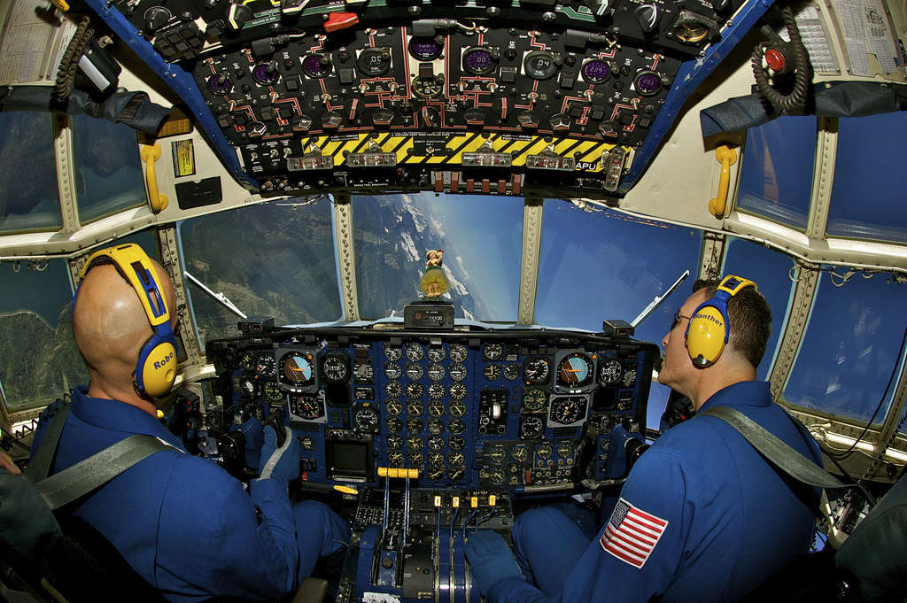 Marine pilots with the Blue Angels perform a bank over Glacier National Park