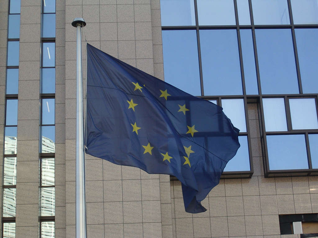 European Flag in front of the European Council building Justus Lipsius
