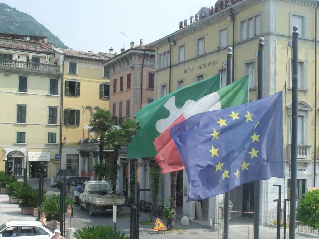 Lake Garda - Salo - Piazza della Vittoria - Lombardy, Italian and EU flags