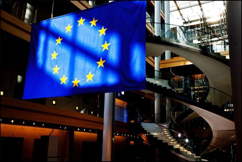 The European Union flag in the European Parliament in Strasbourg