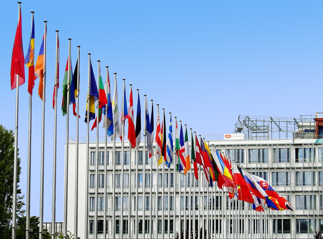 Flags of Europe at Palace of Europe. Credit: Bru-no via Pixabay.